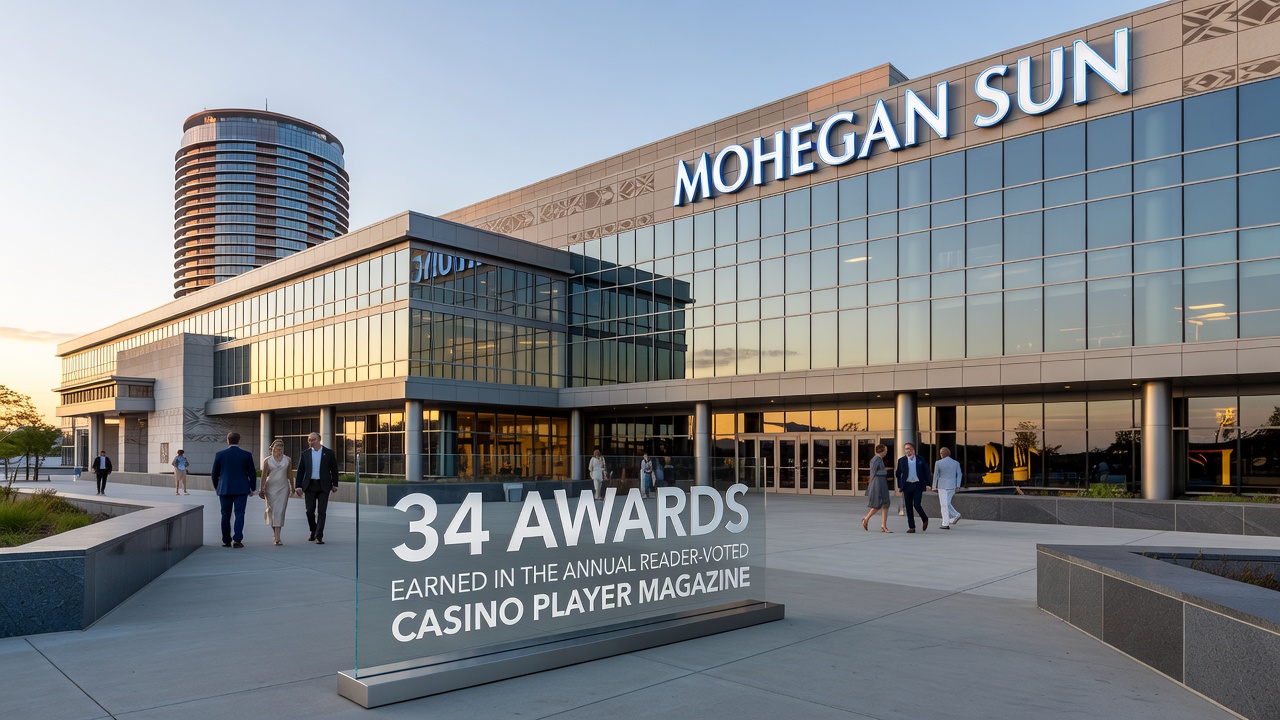 Interior view of Mohegan Sun gaming floor with slot machines, table games, and sports betting area